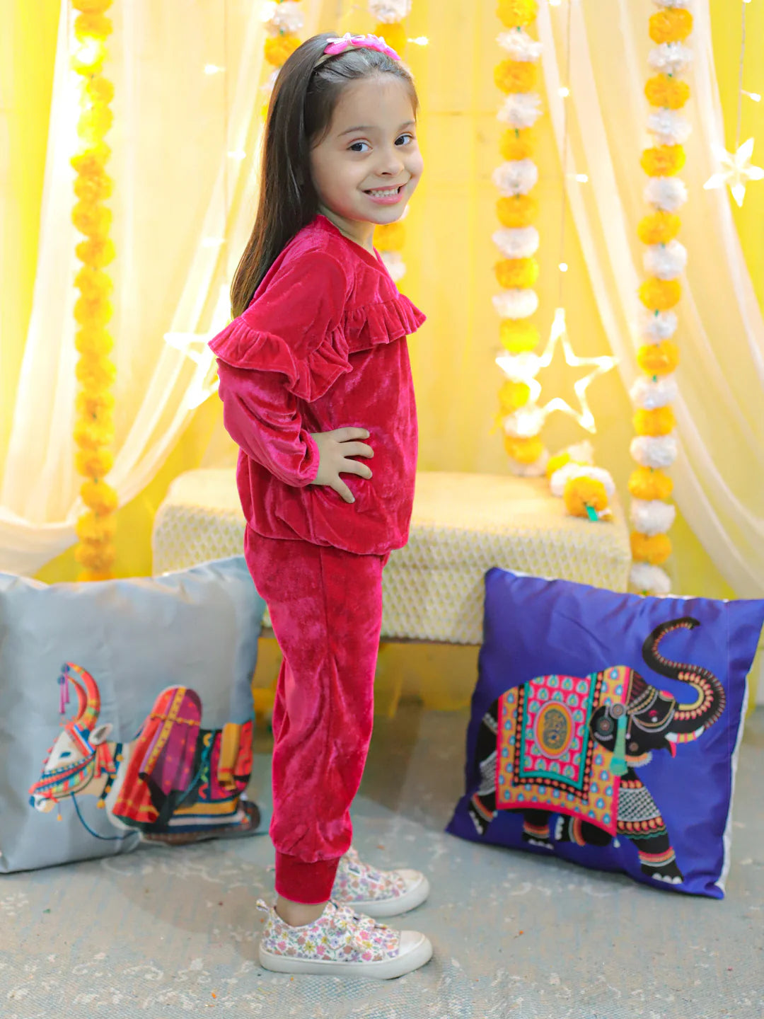BownBee Velvet Frill Top Pant Full Sleeve Winter Set for Girls
