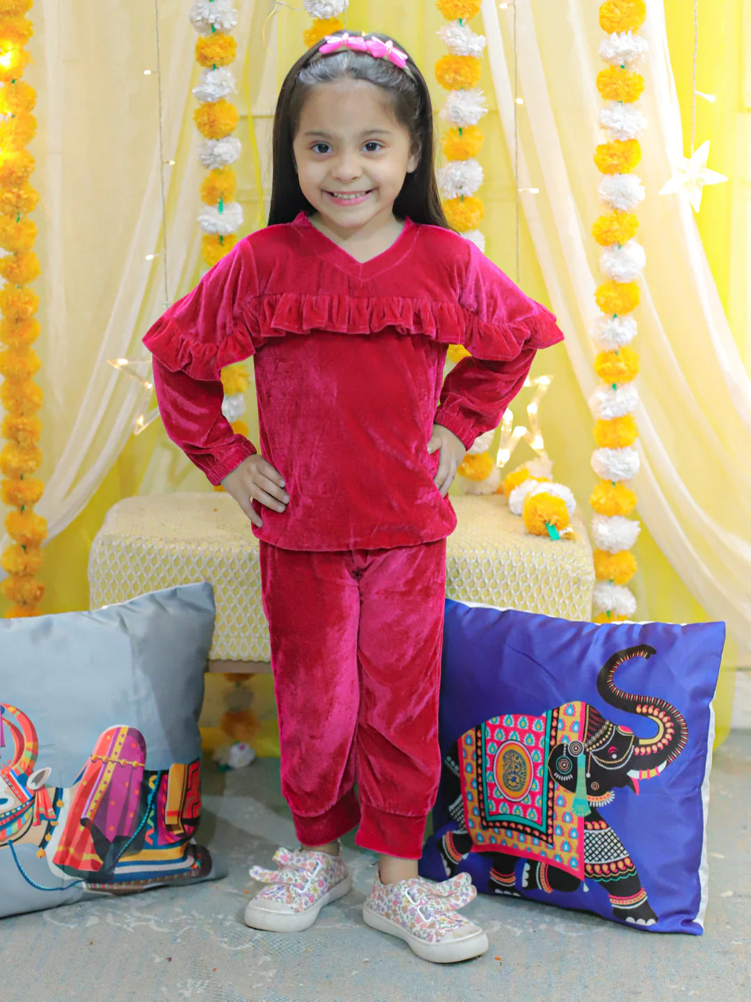 BownBee Velvet Frill Top Pant Full Sleeve Winter Set for Girls