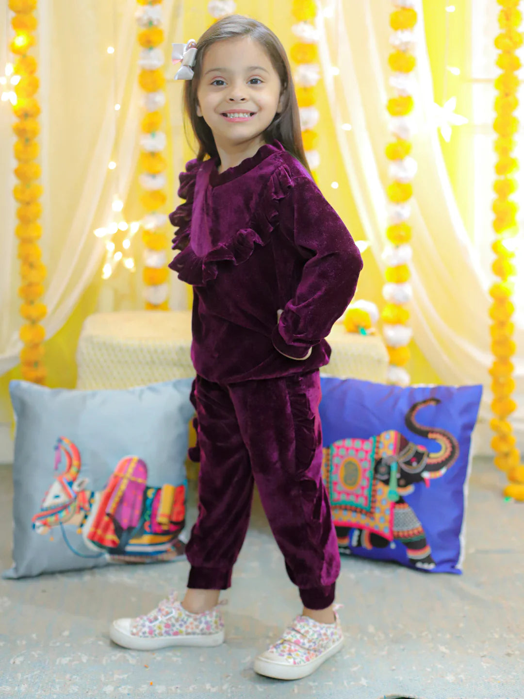 BownBee Velvet Frill Top Pant Full Sleeve Winter Set for Girls