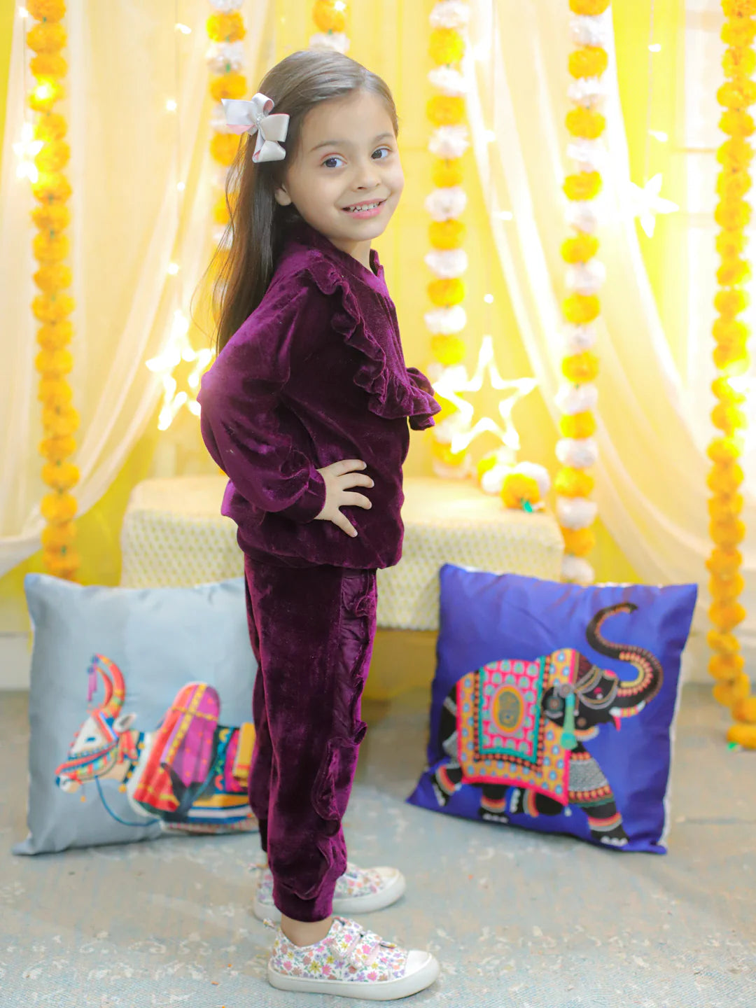 BownBee Velvet Frill Top Pant Full Sleeve Winter Set for Girls