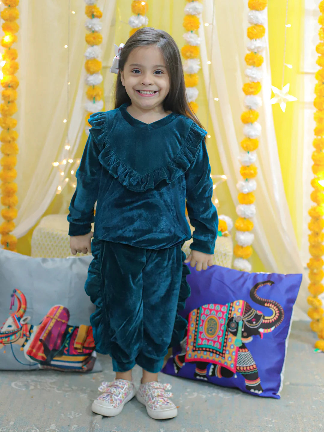 BownBee Velvet Frill Top Pant Full Sleeve Winter Set for Girls