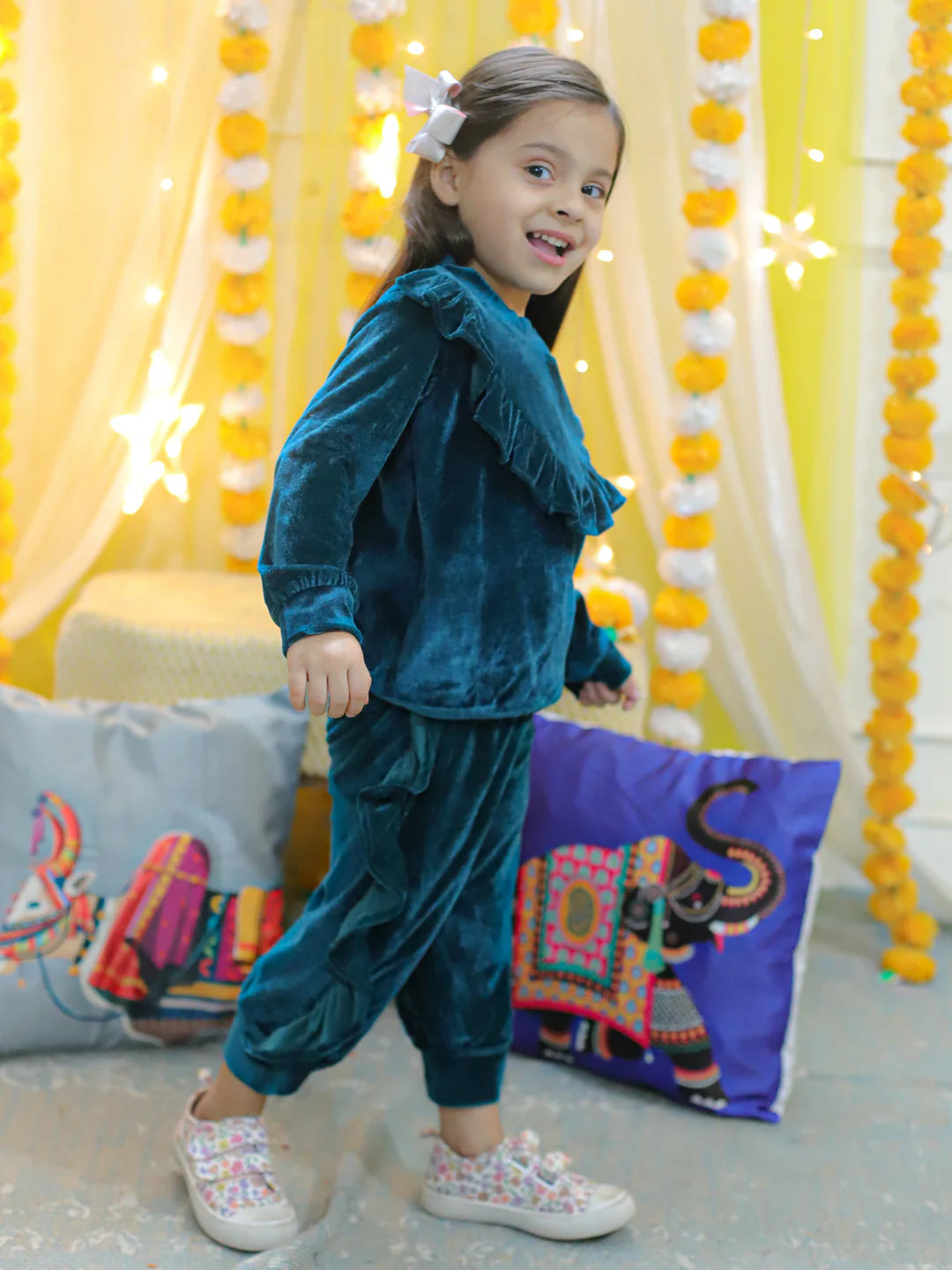 BownBee Velvet Frill Top Pant Full Sleeve Winter Set for Girls