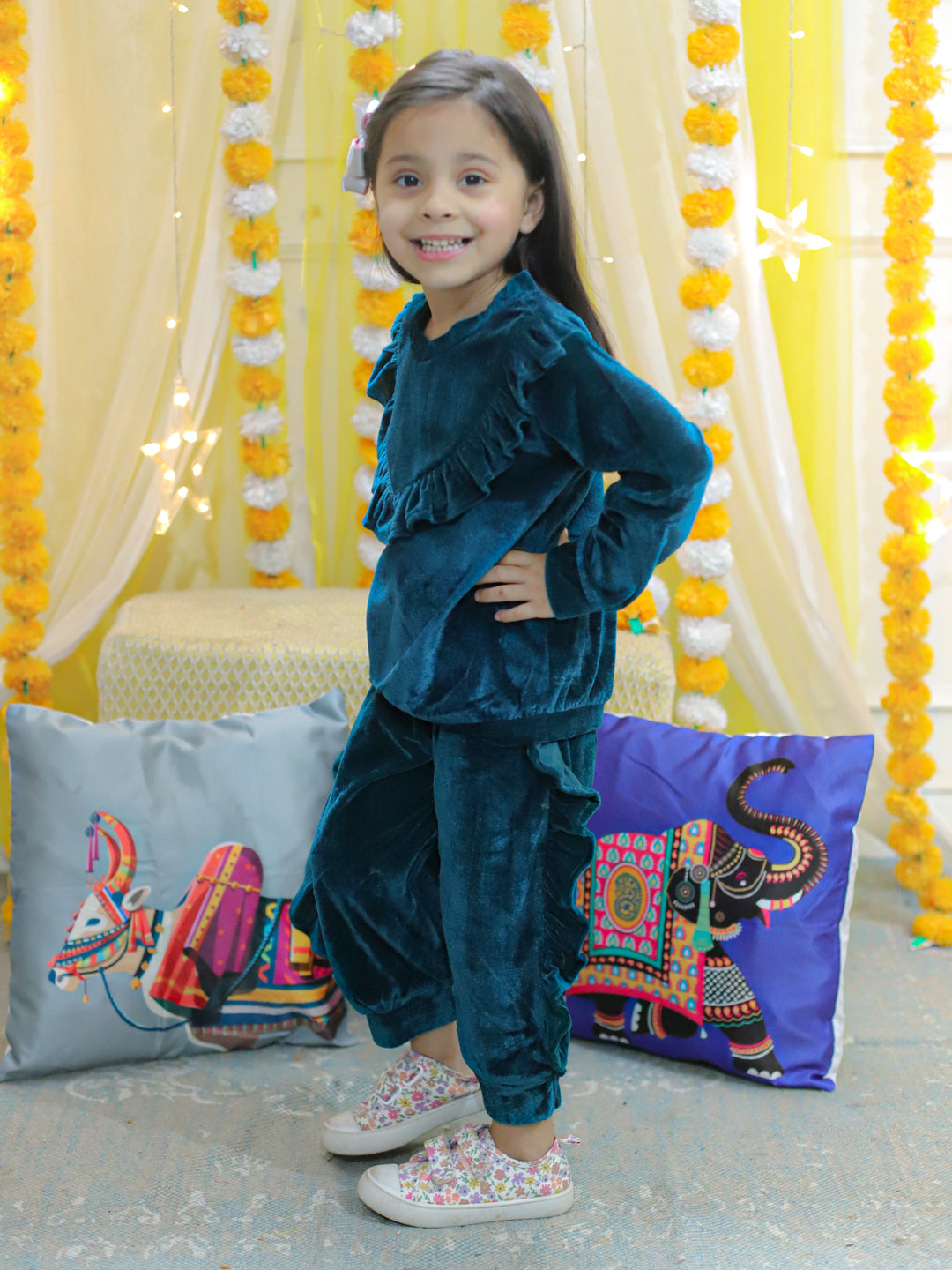 BownBee Velvet Frill Top Pant Full Sleeve Winter Set for Girls- Teal