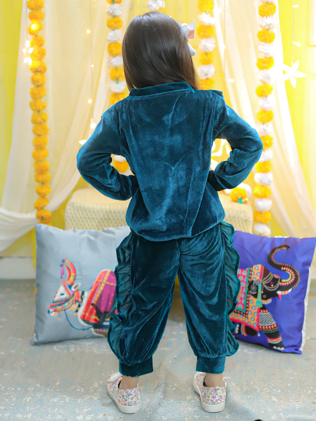 BownBee Velvet Frill Top Pant Full Sleeve Winter Set for Girls- Teal