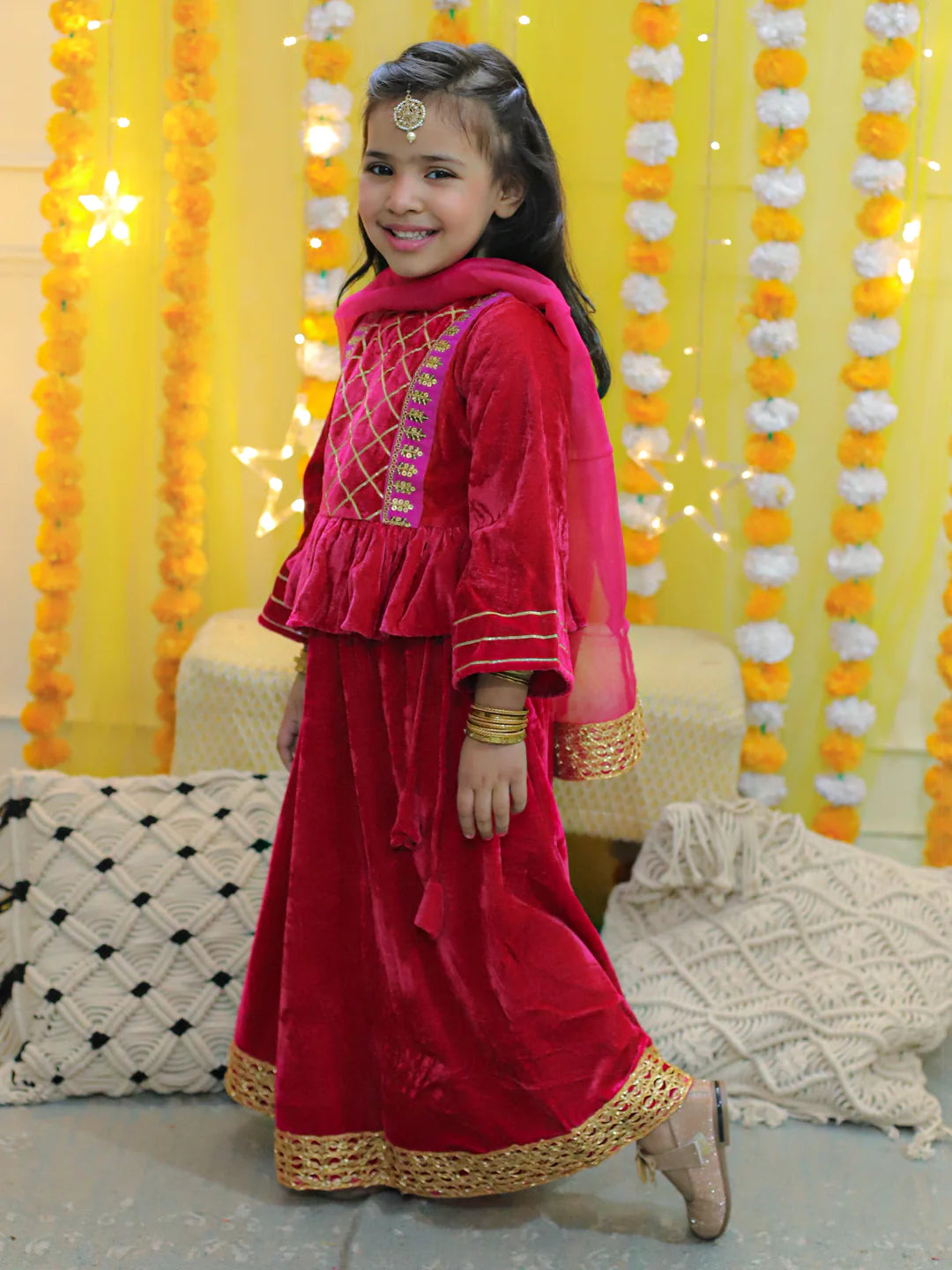 BownBee Velvet Full Sleeve Top with Lehenga and Dupatta for Girls
