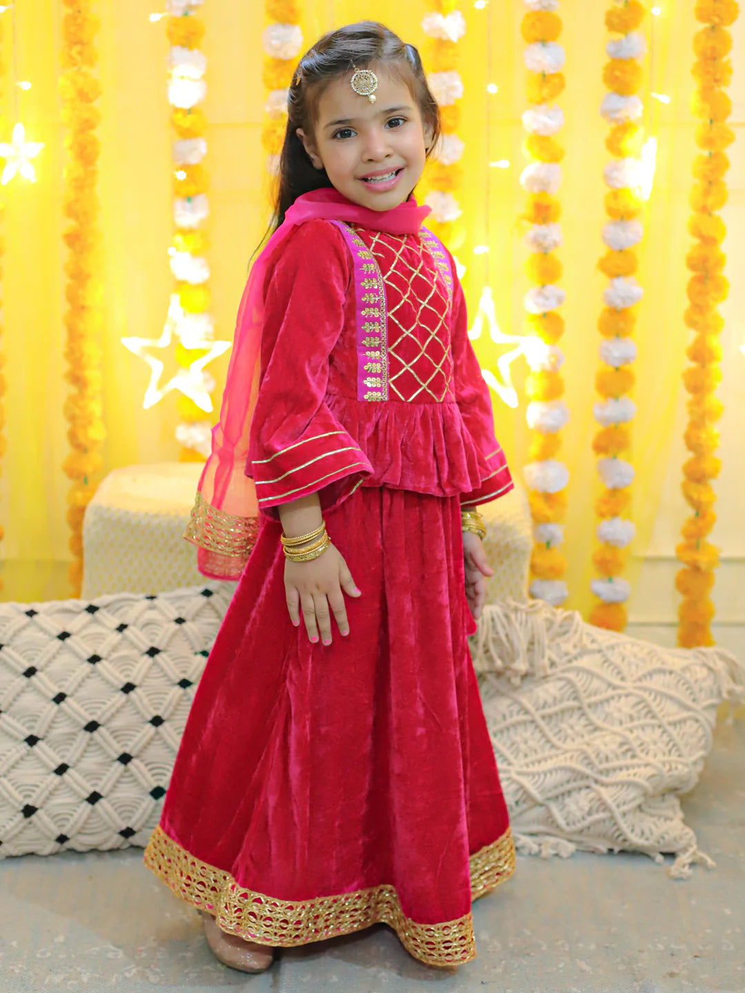 BownBee Velvet Full Sleeve Top with Lehenga and Dupatta for Girls