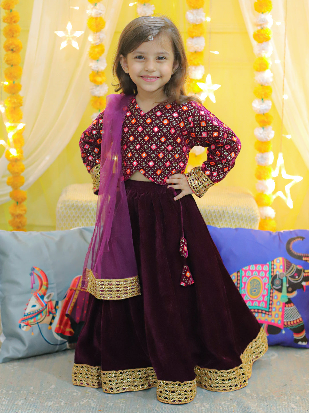 BownBee Embroidered Velvet Full Sleeve Top with Lehenga & Dupatta for Girls- Purple