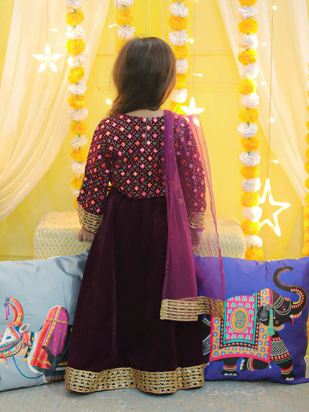 BownBee Embroidered Velvet Full Sleeve Top with Lehenga & Dupatta for Girls- Purple