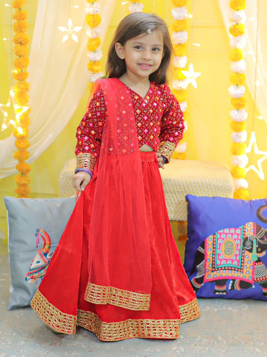 BownBee Embroidered Velvet Full Sleeve Top with Lehenga & Dupatta for Girls- Red