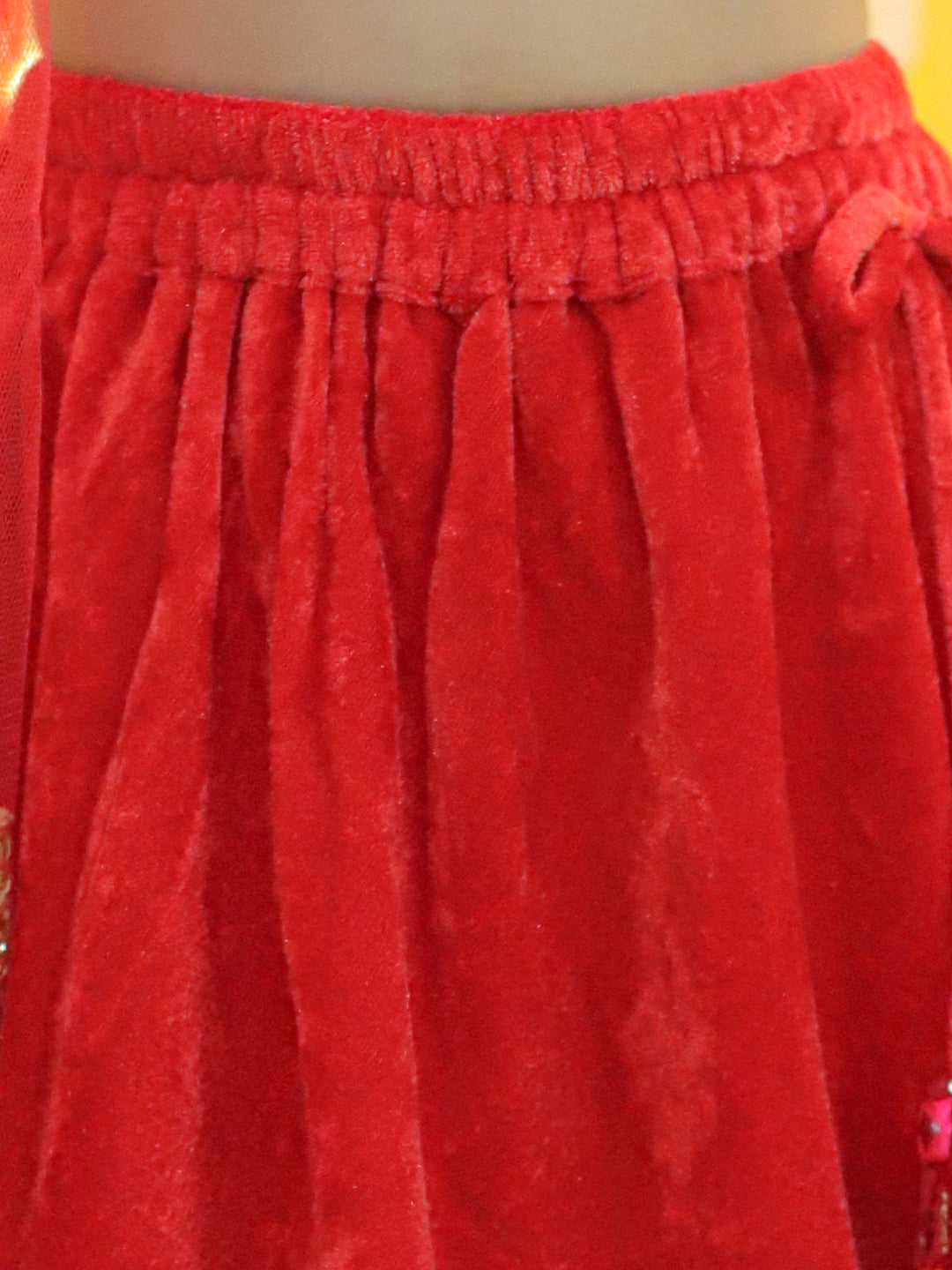 BownBee Embroidered Velvet Full Sleeve Top with Lehenga & Dupatta for Girls- Red
