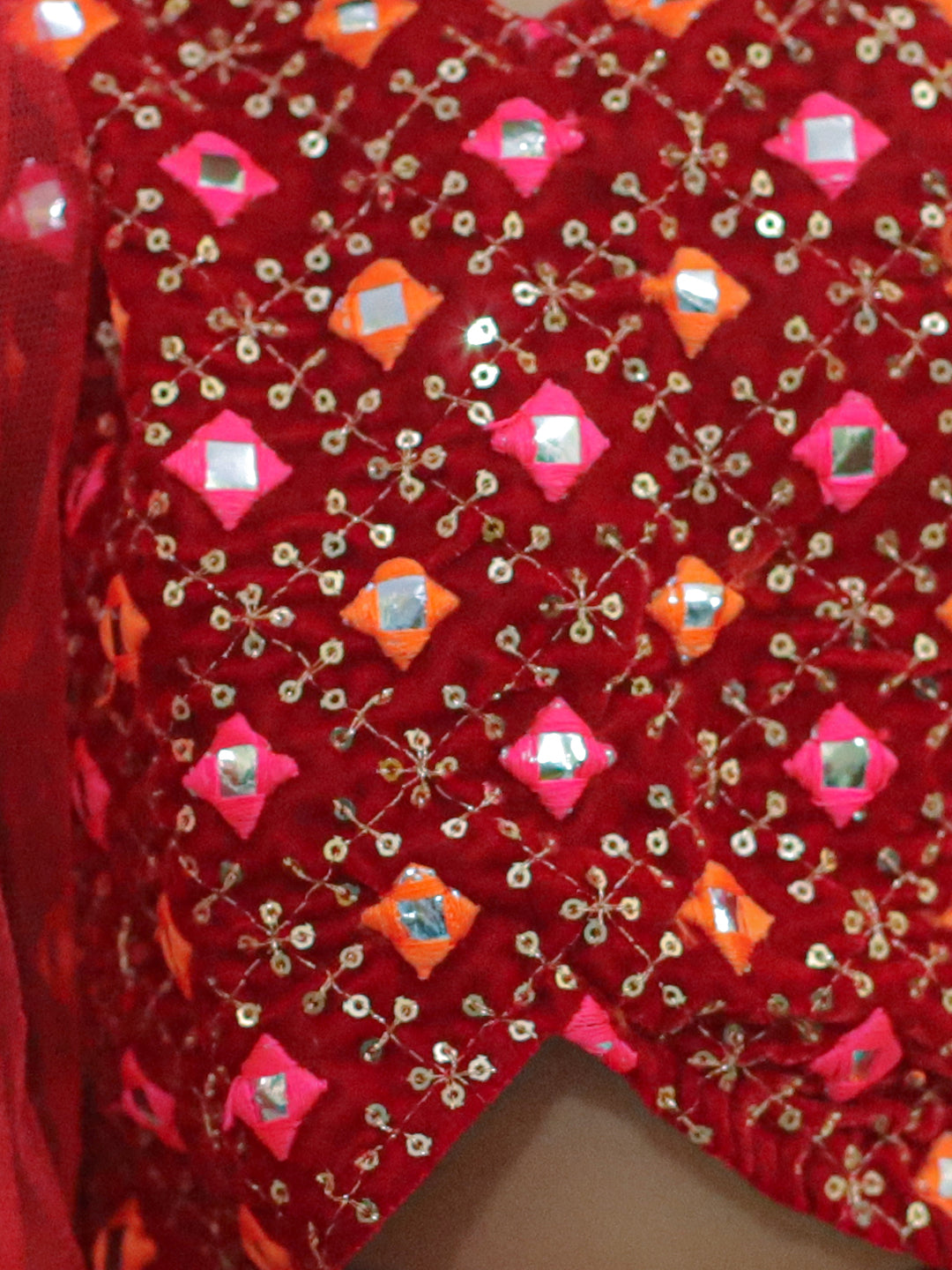 BownBee Embroidered Velvet Full Sleeve Top with Lehenga & Dupatta for Girls- Red