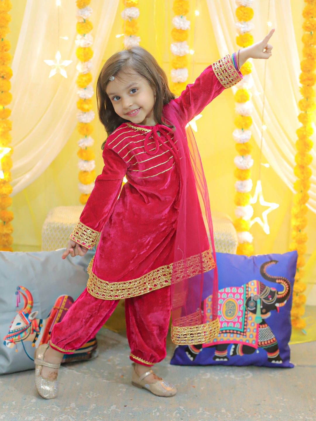 BownBee Velvet Full Sleeve Kurta with Harem Dupatta Set for Girls- Pink