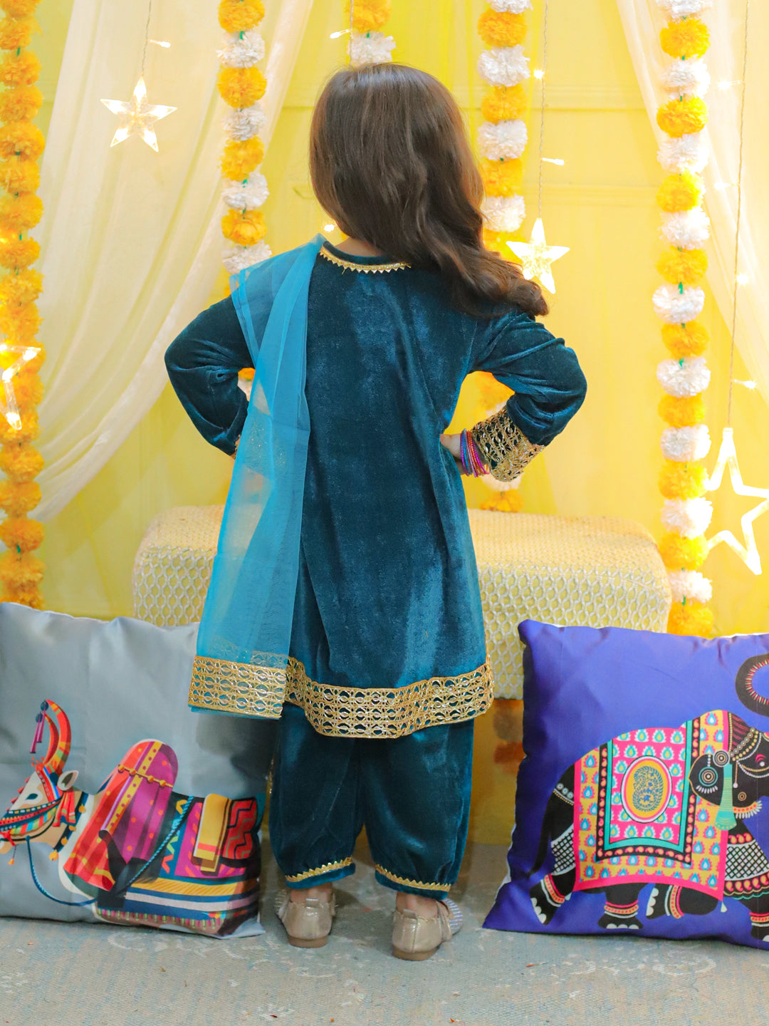 BownBee Velvet Full Sleeve Kurta with Harem Dupatta Set for Girls- Teal