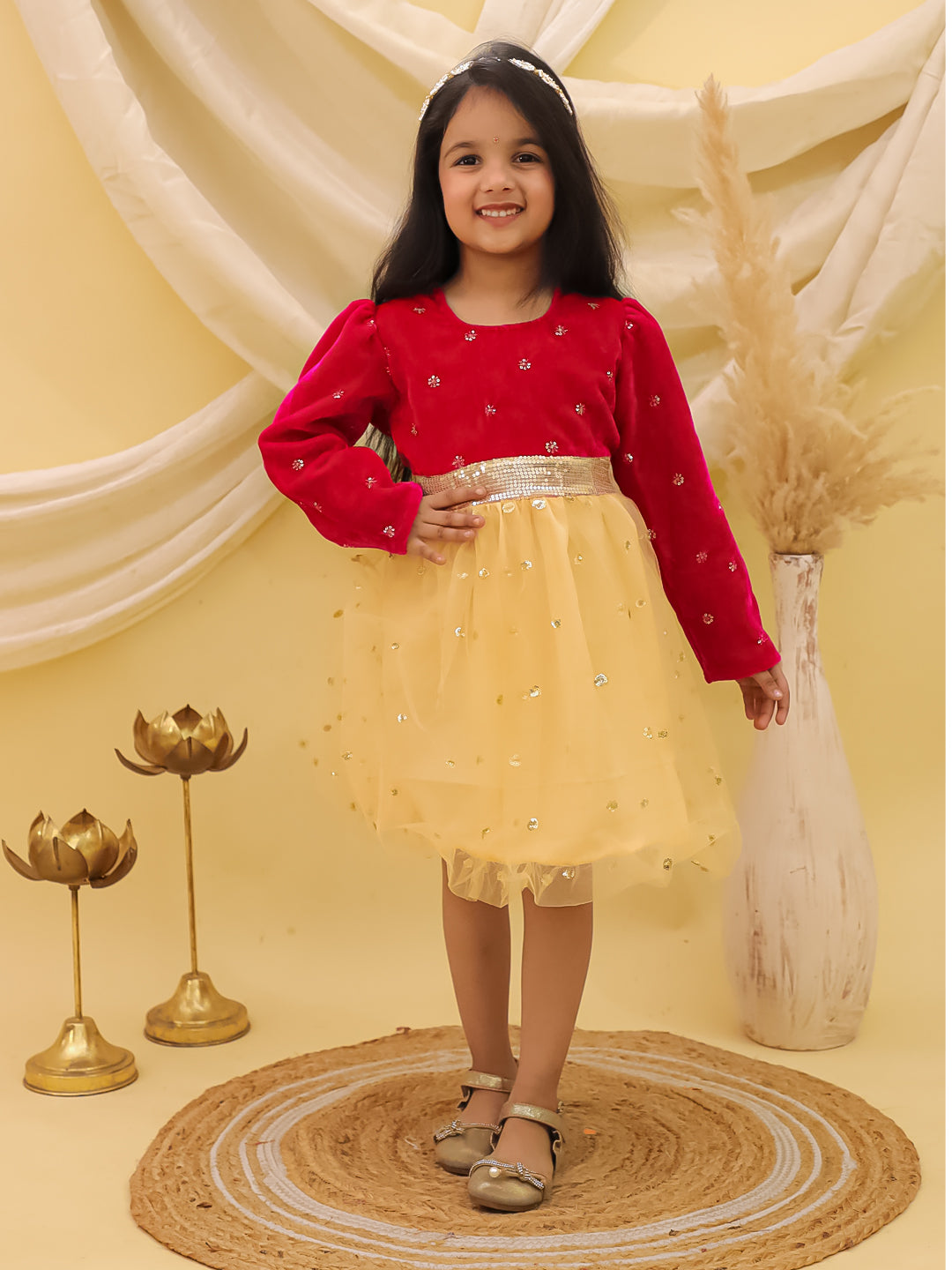 BownBee Full sleeves Velvet Party Frock For Girls - Wine