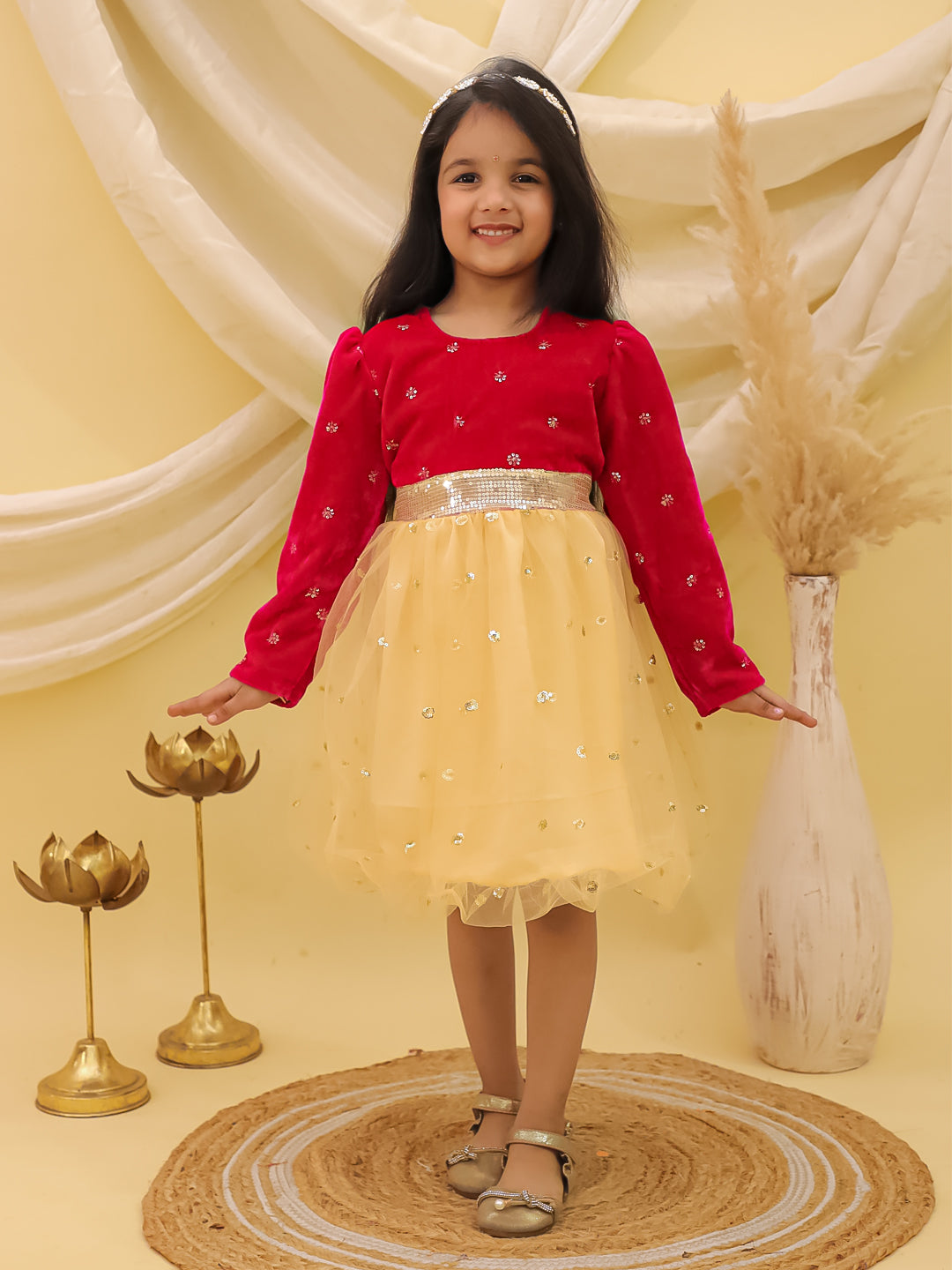 BownBee Full sleeves Velvet Party Frock For Girls - Wine