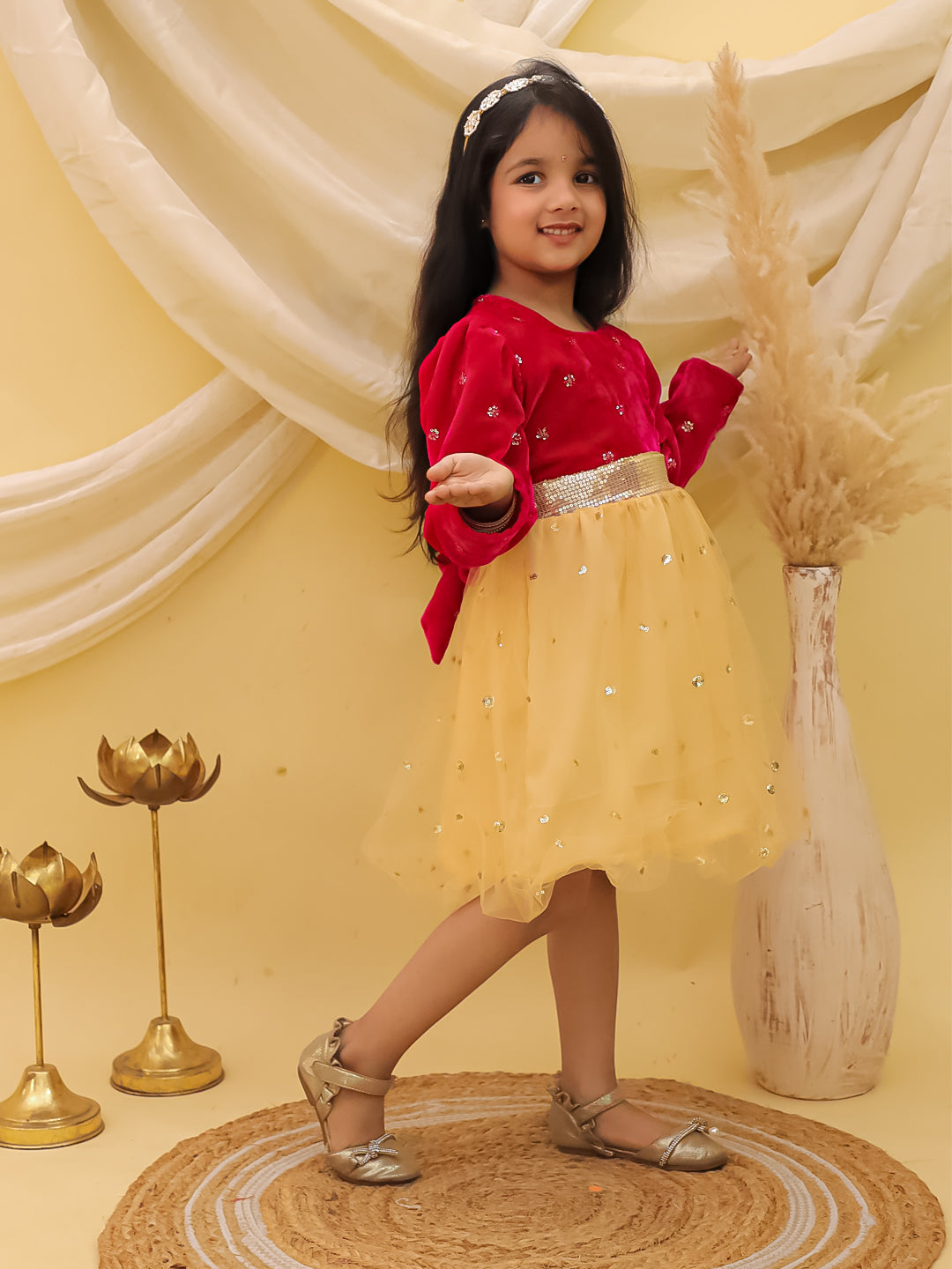 BownBee Full sleeves Velvet Party Frock For Girls - Wine