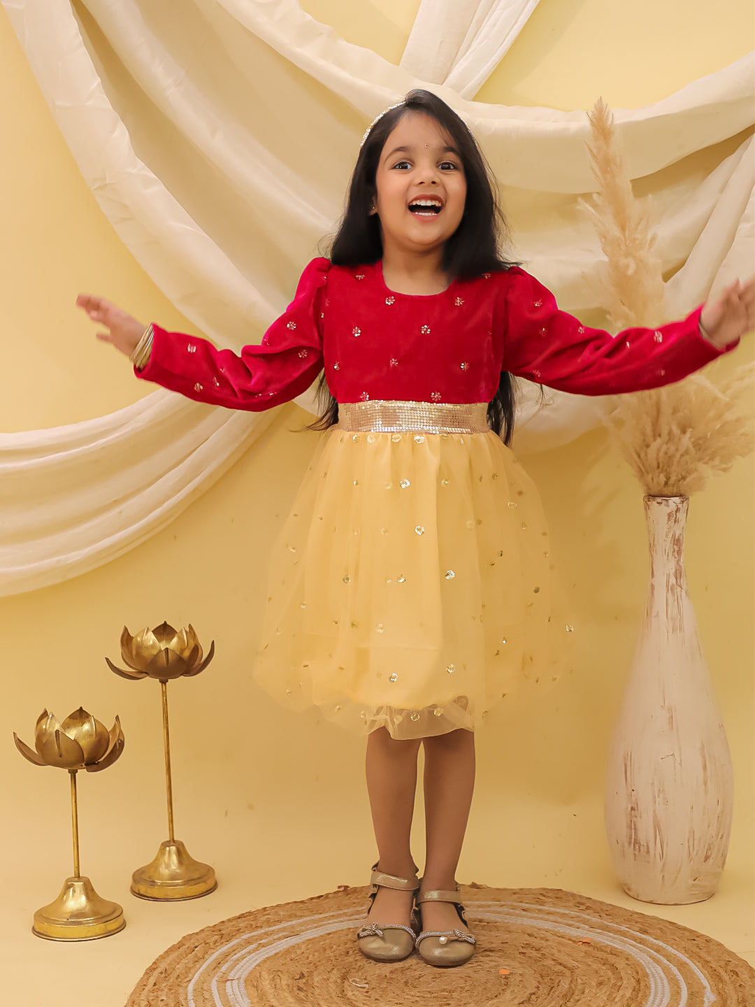 BownBee Full sleeves Velvet Party Frock For Girls - Wine