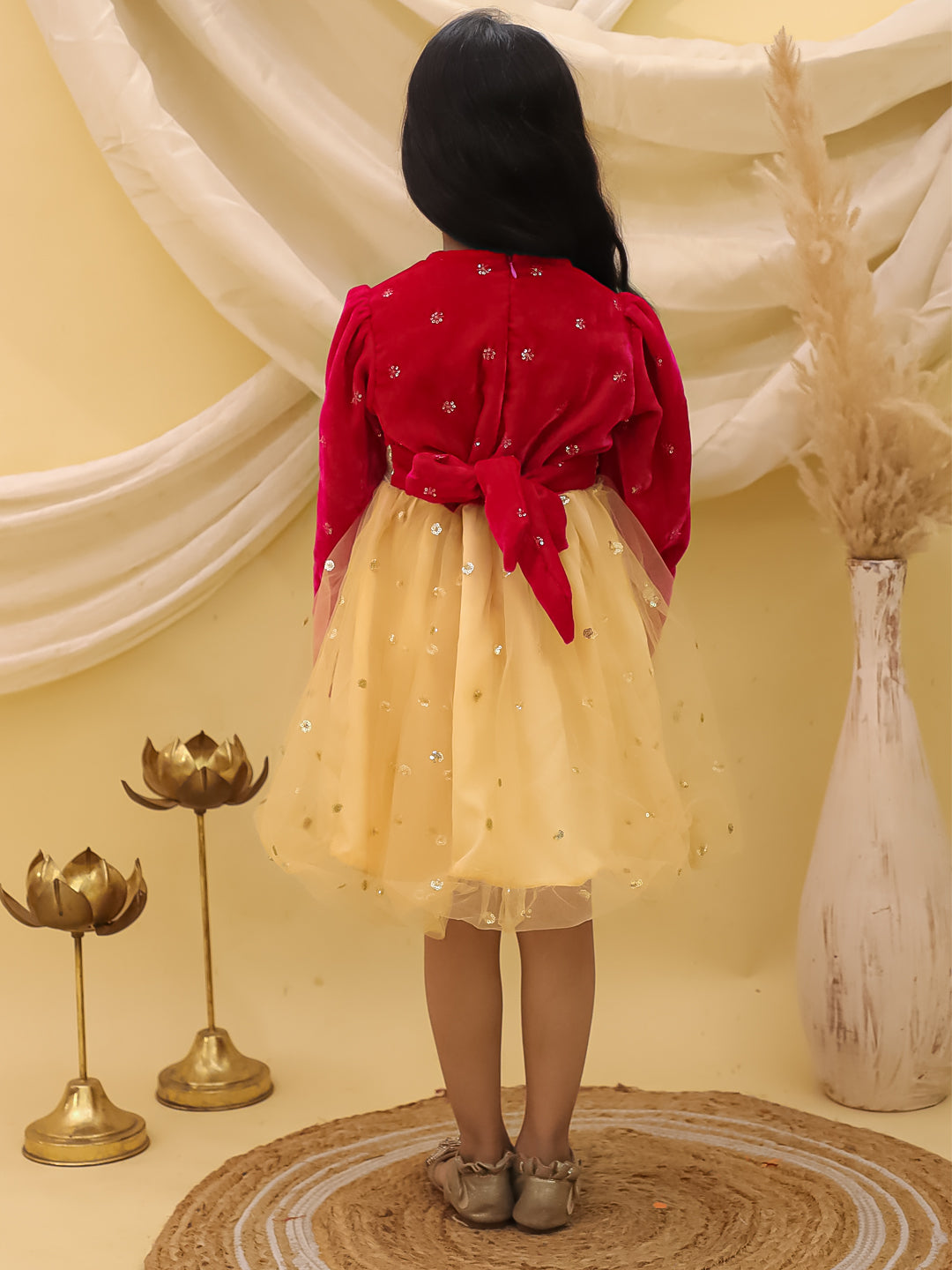 BownBee Full sleeves Velvet Party Frock For Girls - Wine