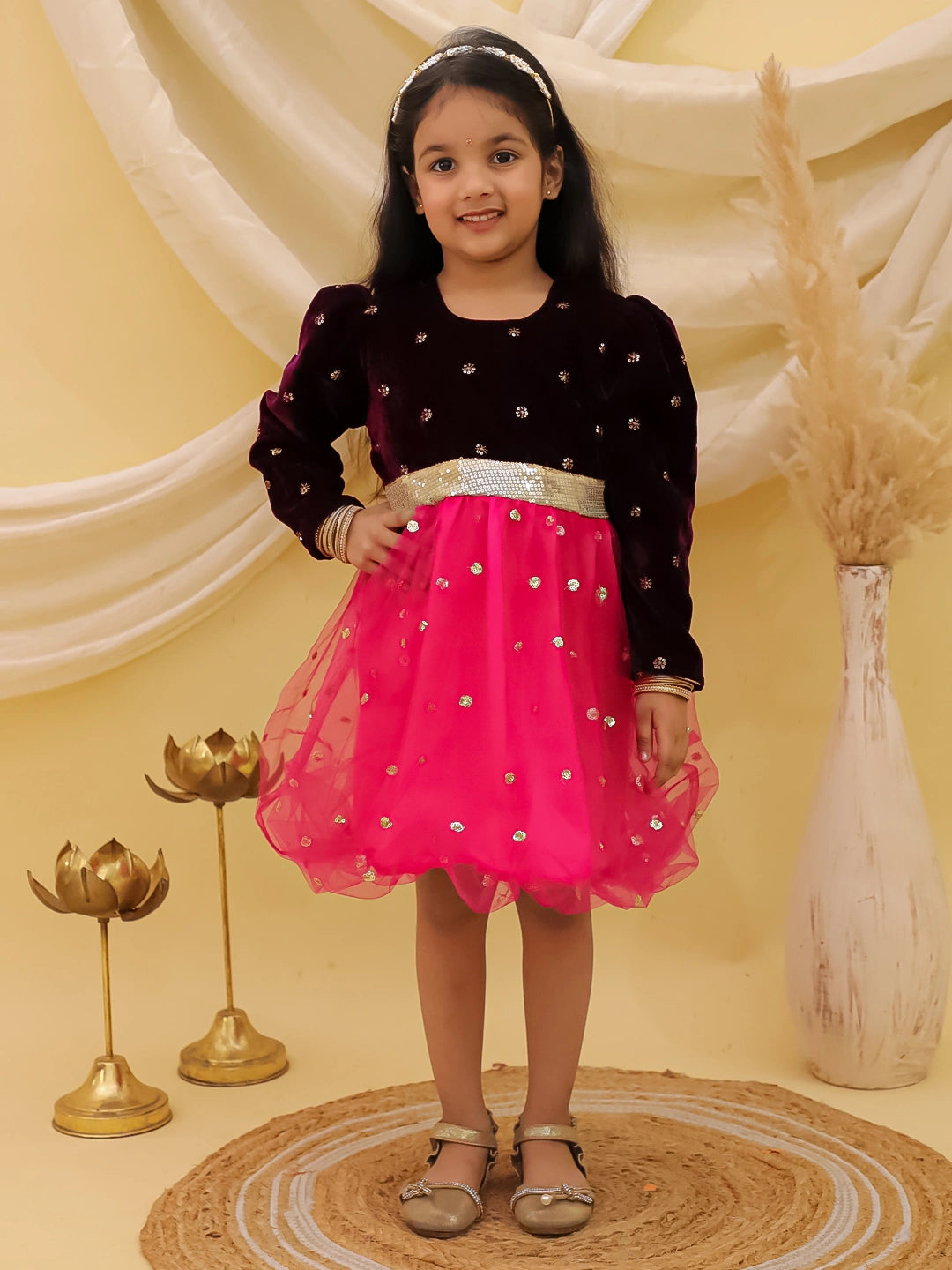 BownBee Full sleeves Velvet Party Frock For Girls