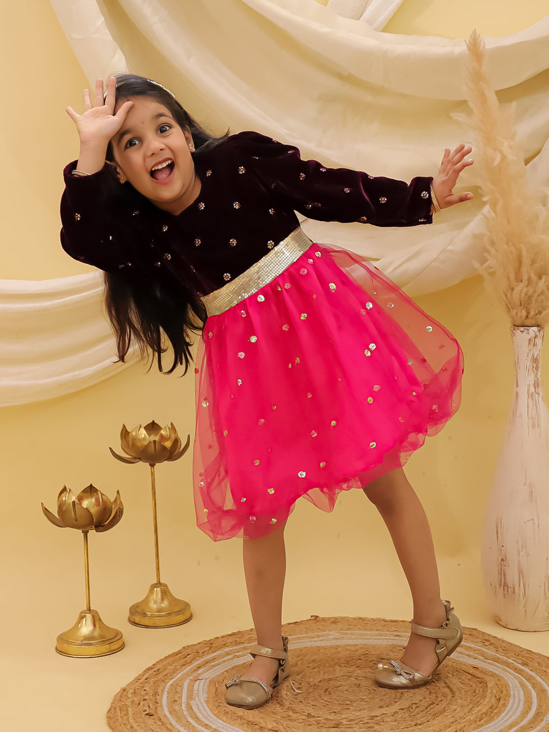 BownBee Full sleeves Velvet Party Frock For Girls - Wine