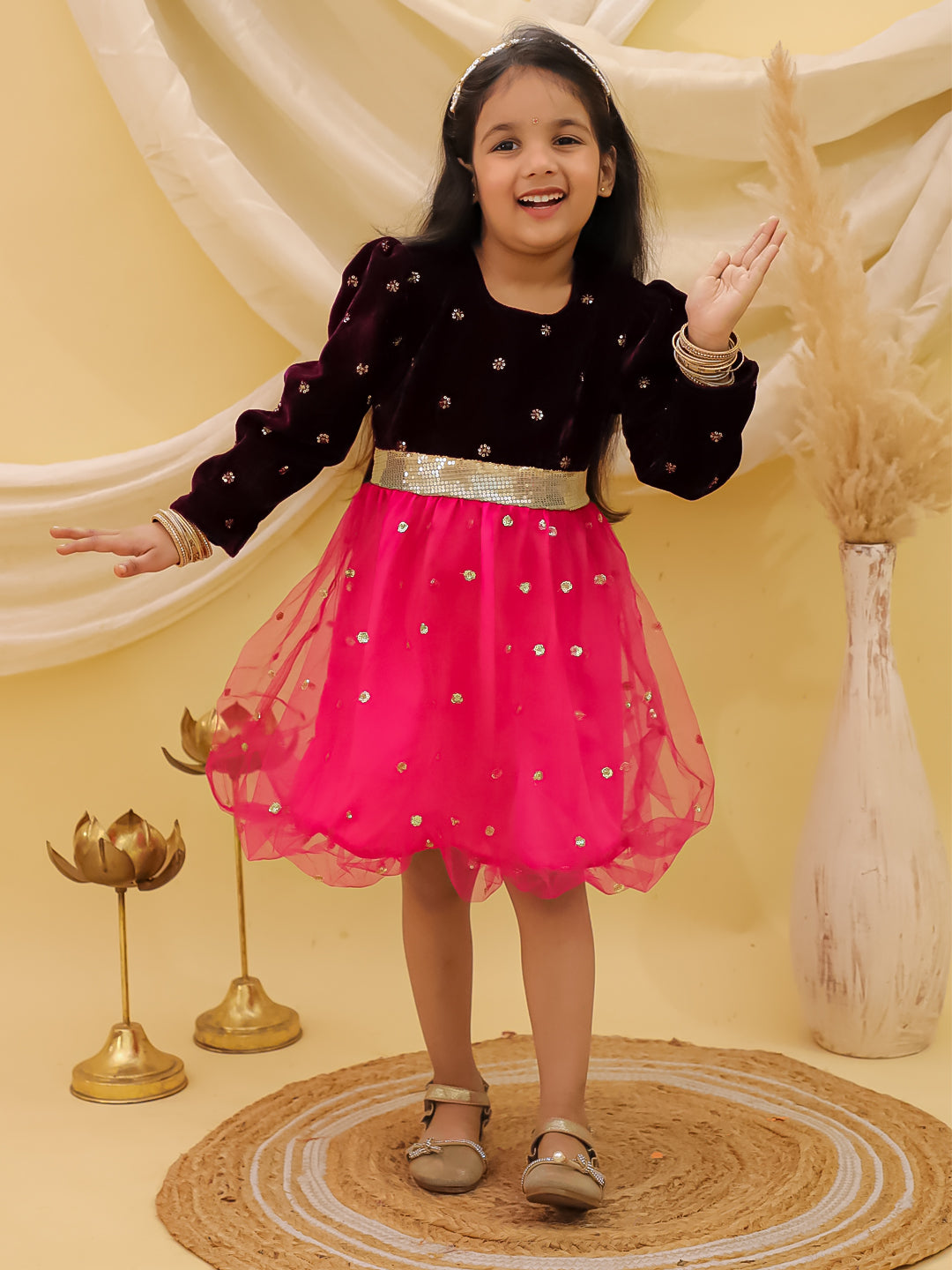 BownBee Full sleeves Velvet Party Frock For Girls - Wine