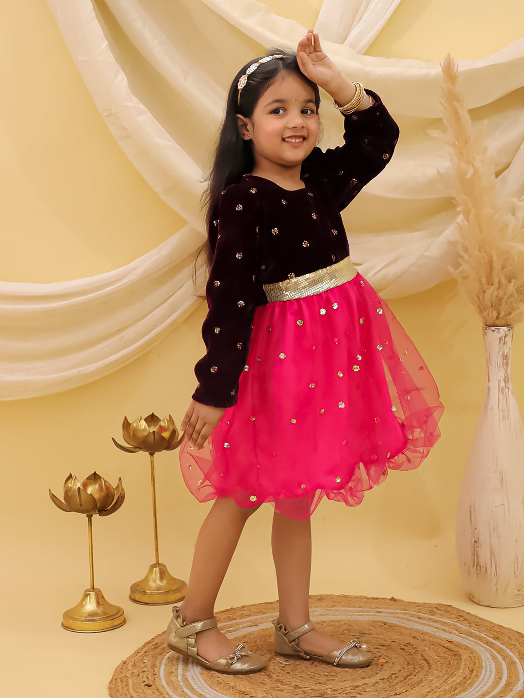 BownBee Full sleeves Velvet Party Frock For Girls - Wine