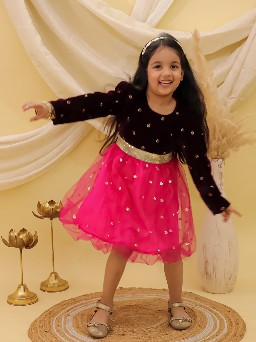 BownBee Full sleeves Velvet Party Frock For Girls - Wine