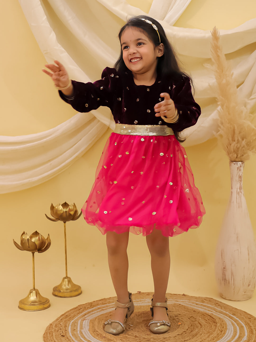 BownBee Full sleeves Velvet Party Frock For Girls - Wine