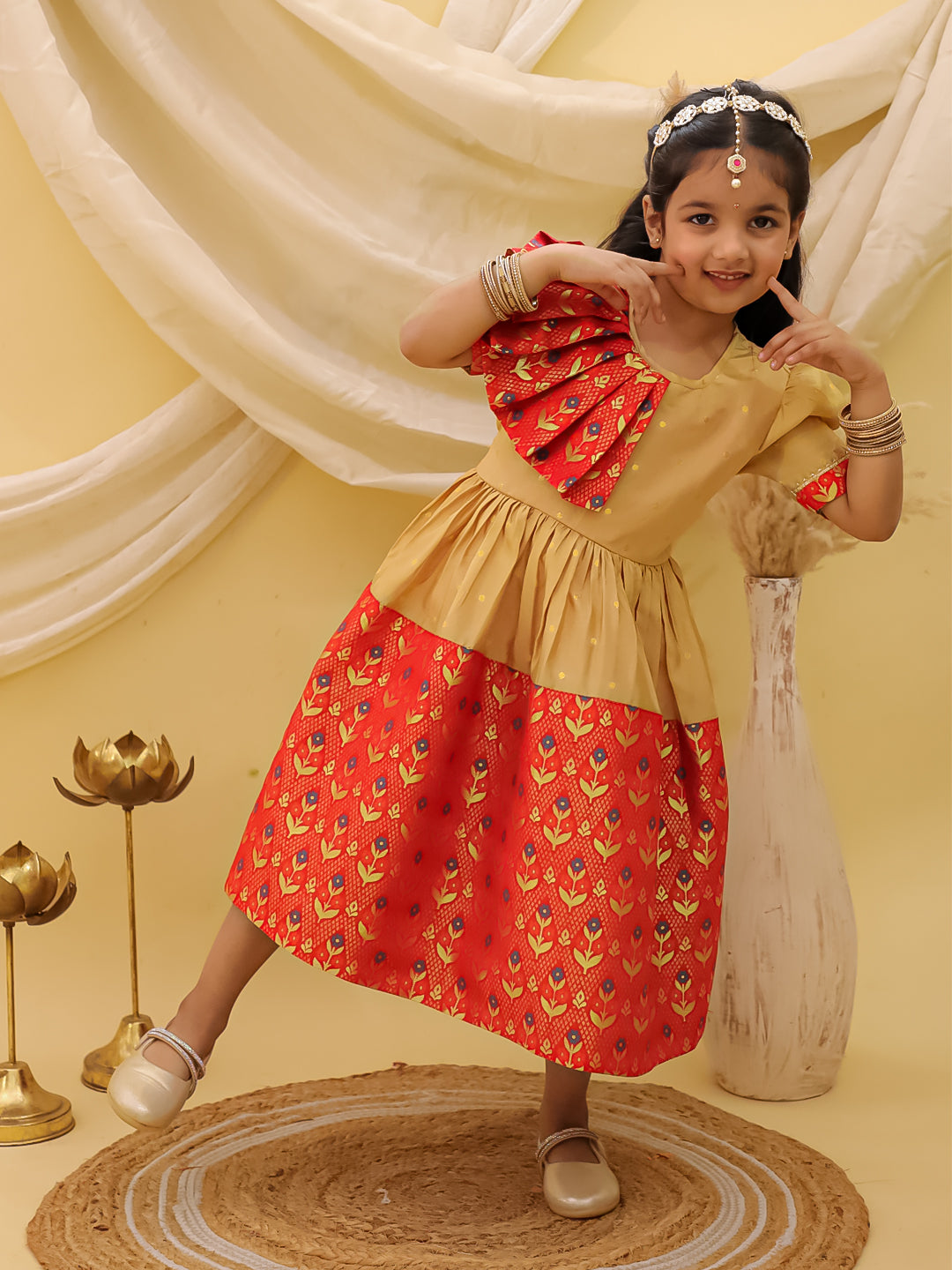 BownBee Short sleeves Jacquard Party Dress For Girls - Red