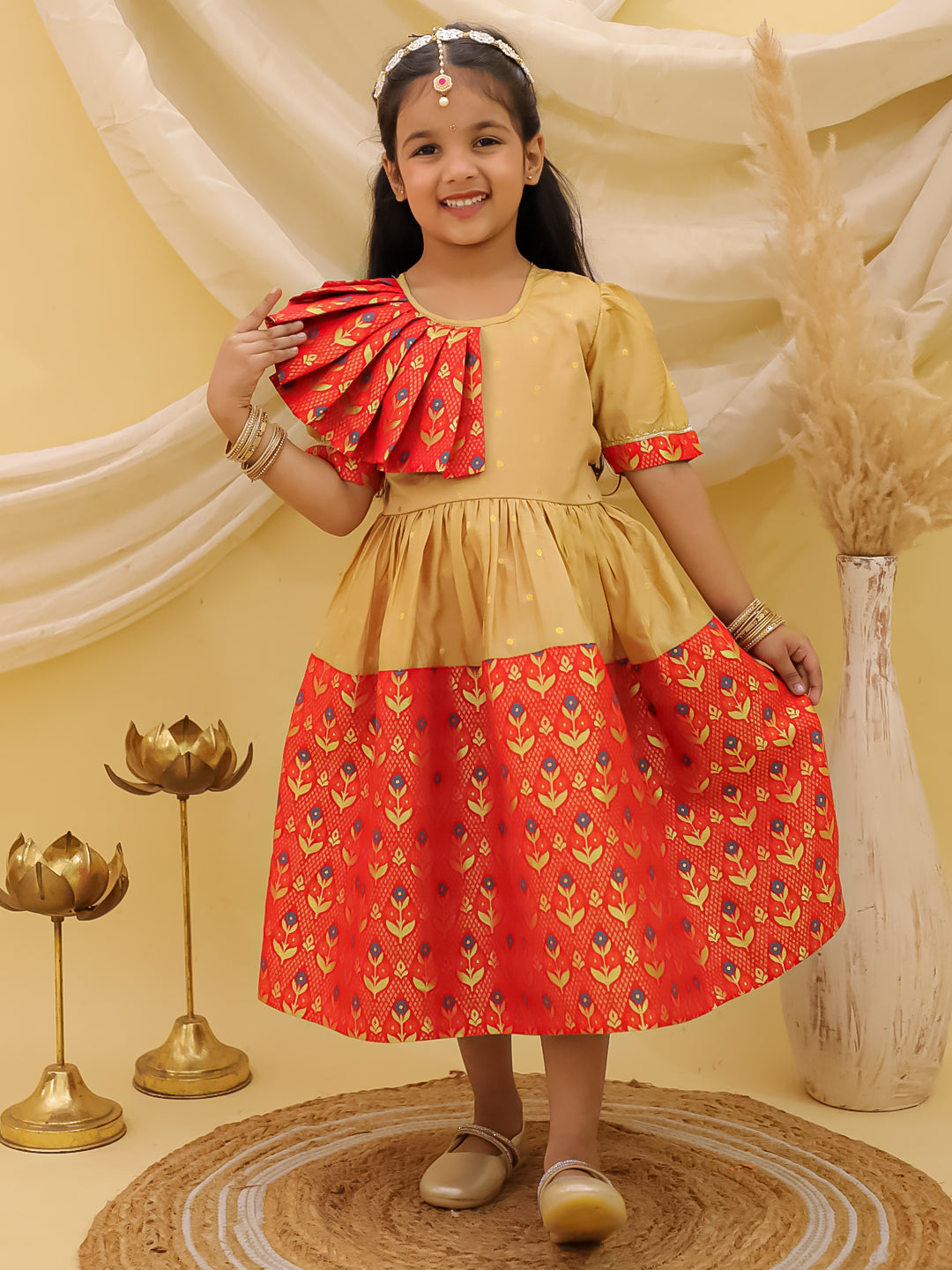 BownBee Short sleeves Jacquard Party Dress For Girls - Red