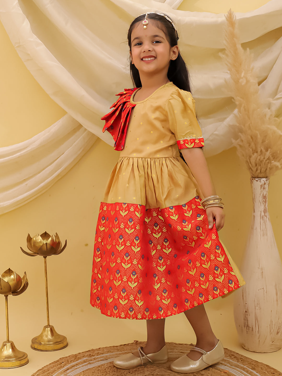 BownBee Short sleeves Jacquard Party Dress For Girls - Red