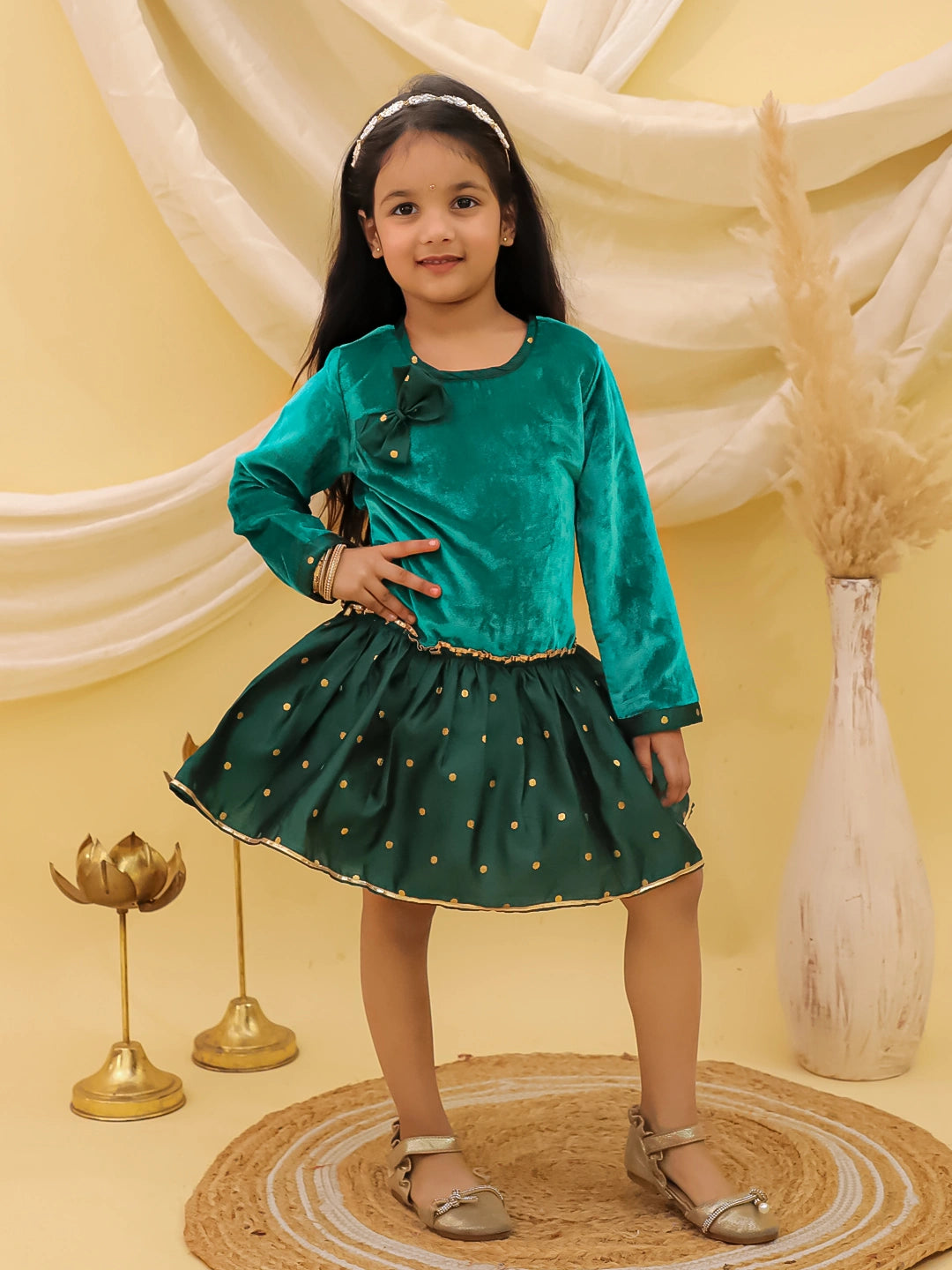 BownBee Full Sleeves Velvet Party Dress For Girls