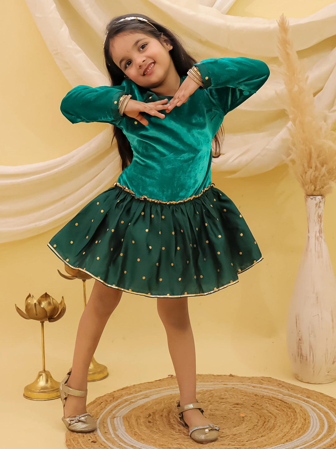 BownBee Full Sleeves Velvet Party Dress For Girls