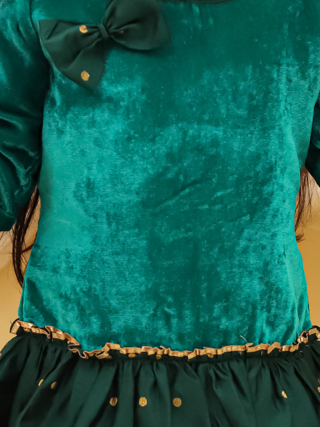 BownBee Full Sleeves Velvet Party Dress For Girls - Green