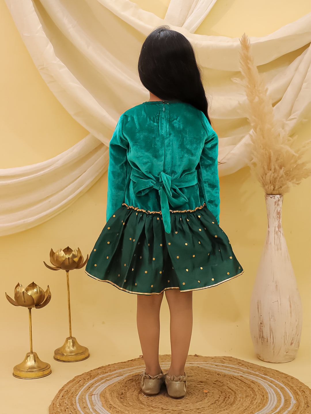 BownBee Full Sleeves Velvet Party Dress For Girls - Green