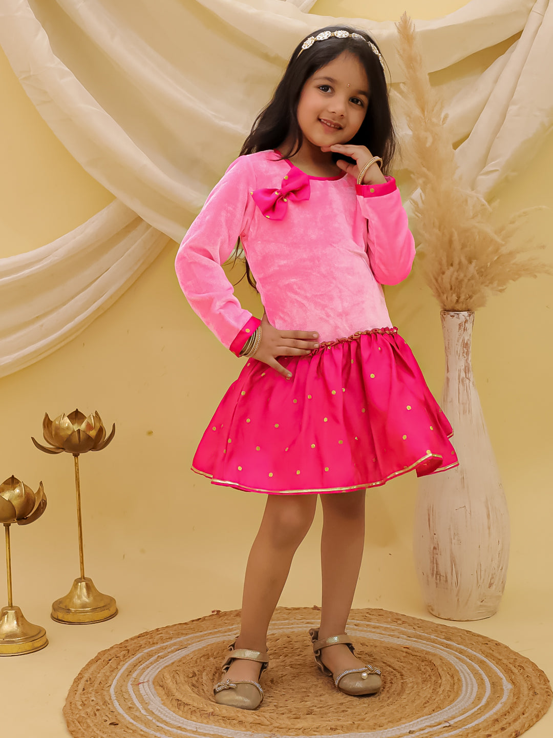 BownBee Full Sleeves Velvet Party Dress For Girls - Green