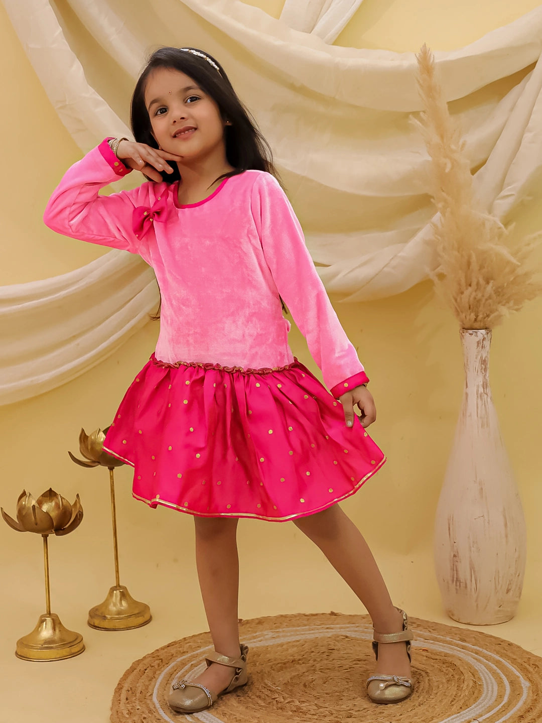 BownBee Full Sleeves Velvet Party Dress For Girls