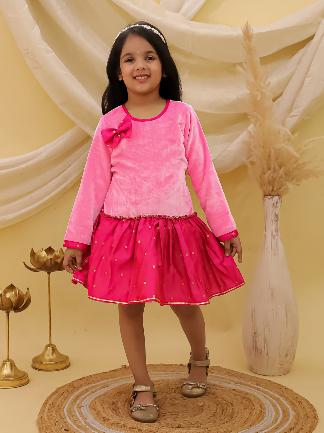 BownBee Full Sleeves Velvet Party Dress For Girls - Green