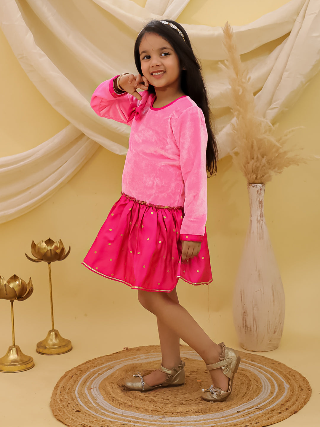 BownBee Full Sleeves Velvet Party Dress For Girls - Green