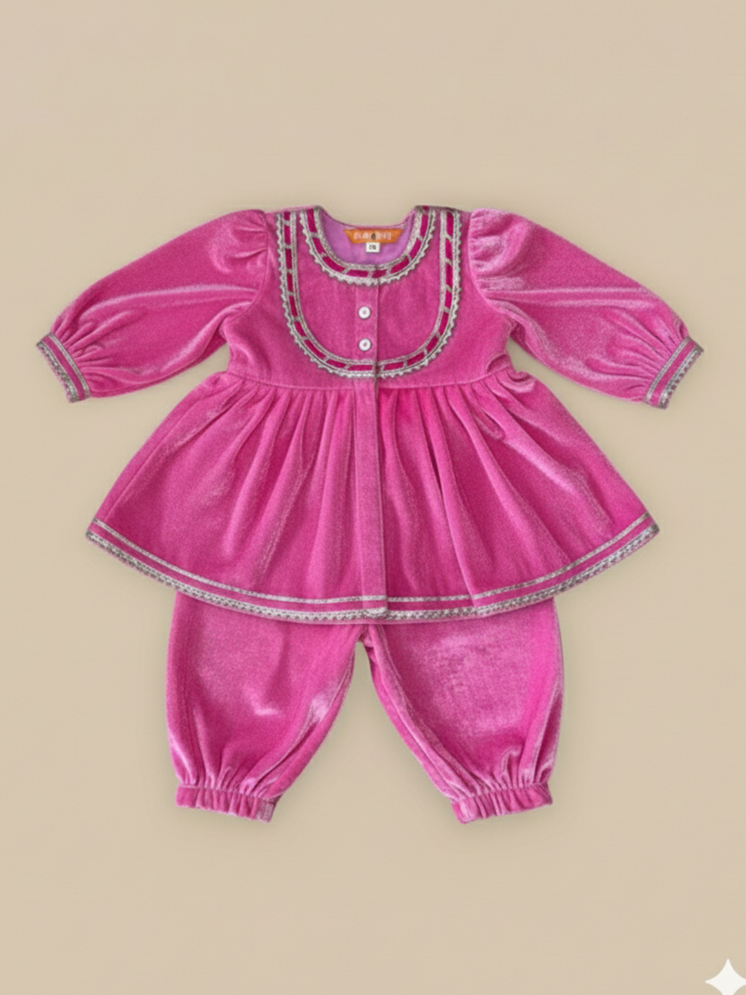 BownBee Winter Velvet Ethnic Suit Set For Infant Girls - Pink