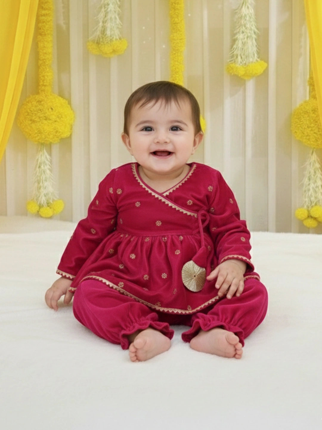 BownBee Winter Velvet Angrakha Suit Set For Infant Girls - Pink
