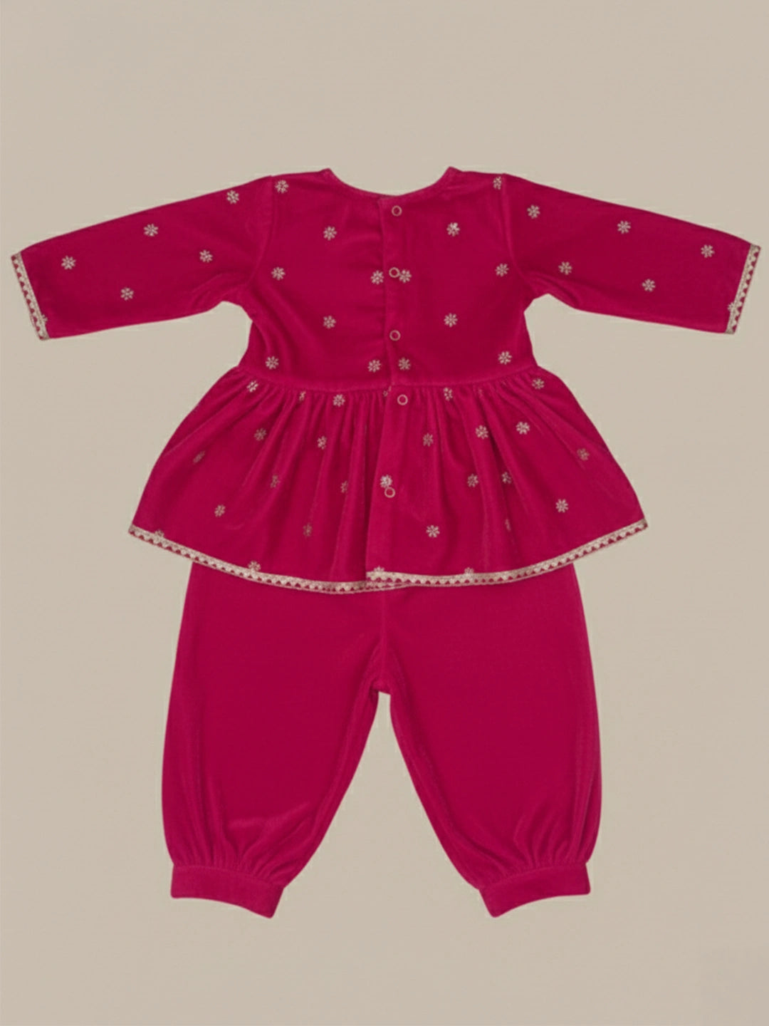 BownBee Winter Velvet Angrakha Suit Set For Infant Girls - Pink