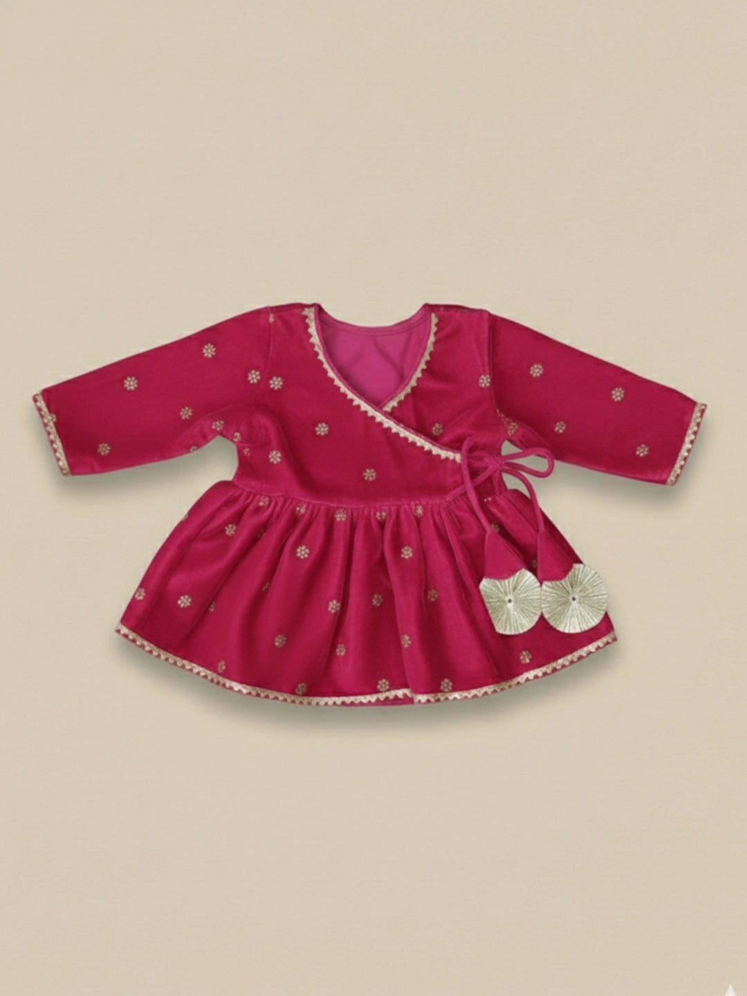 BownBee Winter Velvet Angrakha Suit Set For Infant Girls - Pink