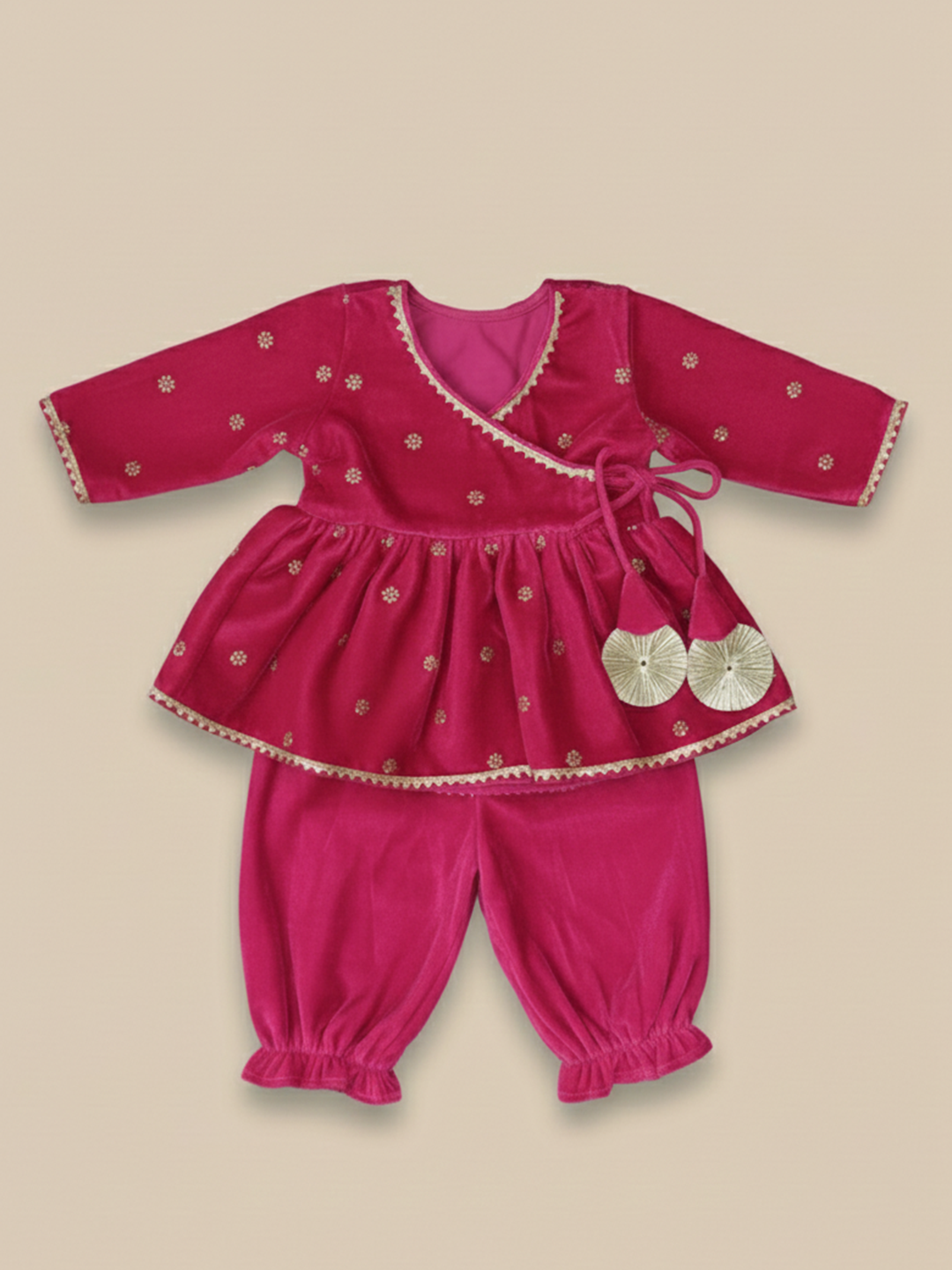 BownBee Winter Velvet Angrakha Suit Set For Infant Girls - Purple