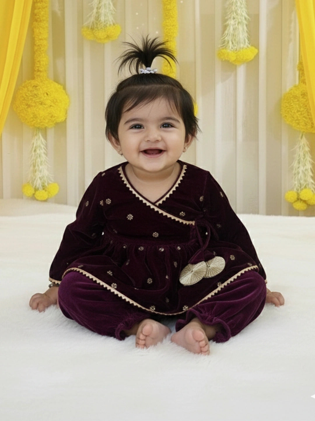 BownBee Winter Velvet Angrakha Suit Set For Infant Girls - Pink