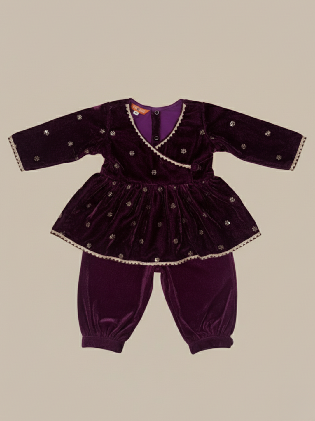 BownBee Winter Velvet Angrakha Suit Set For Infant Girls - Purple