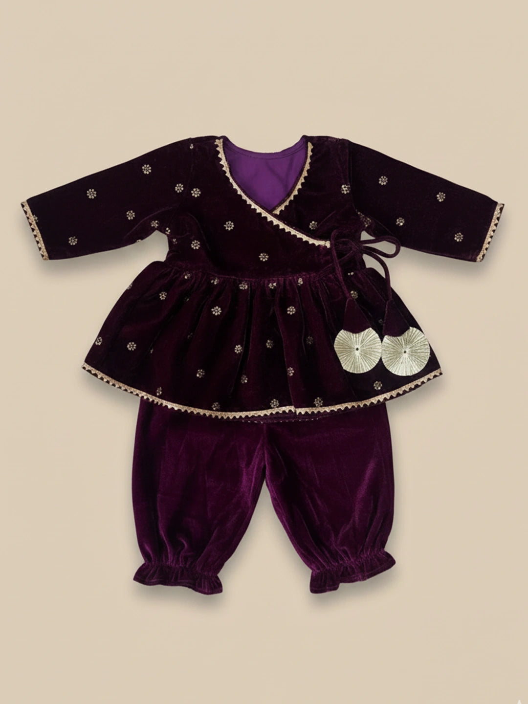 BownBee Winter Velvet Angrakha Suit Set For Infant Girls - Pink