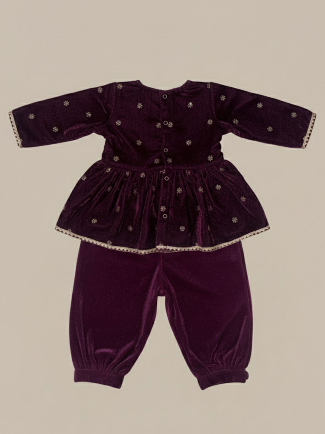 BownBee Winter Velvet Angrakha Suit Set For Infant Girls - Purple