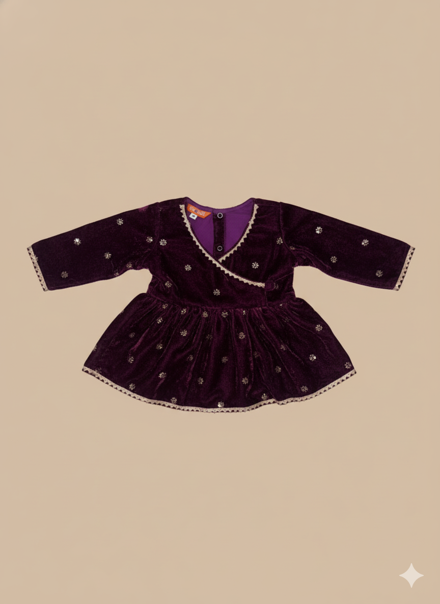 BownBee Winter Velvet Angrakha Suit Set For Infant Girls - Purple