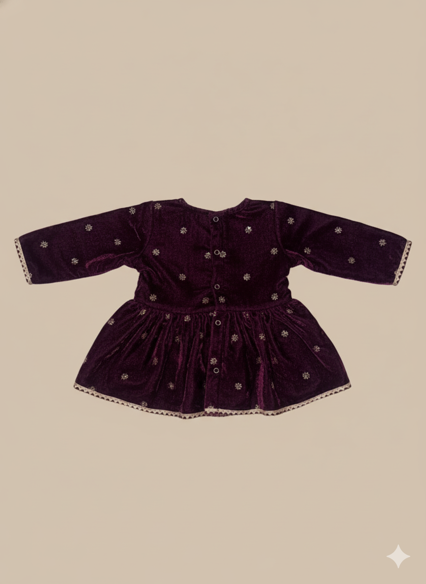 BownBee Winter Velvet Angrakha Suit Set For Infant Girls - Purple